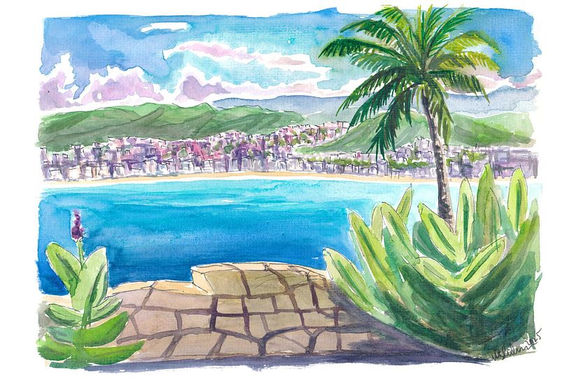 View of the bay of Acapulco with palm trees, mountains and serenity by Markus Bleichner