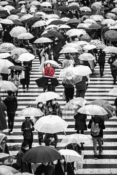 Regenachtige dag in Tokio - Shibuya crossing's lady in red van Angelique van Esch