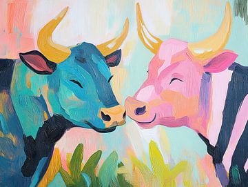 Blauwe en Roze Koe Kijken Naar Elkaar van Blikvanger Schilderijen