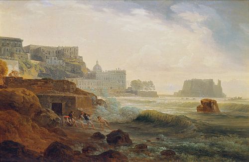 Josef Rebell, uitzicht vanaf de Chiaia richting het Castel dell'Ovo met vissers die netten trekken, 1815