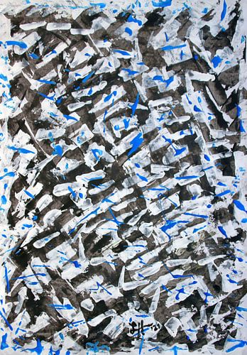 Blauwe spatten van kleur tussen een zwart-wit kluwen van vormen