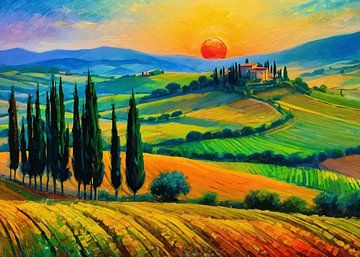 Panoramisch uitzicht op zonsopgang in Val d'Orcia, Toscane 3 van MIROKKU