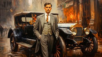 Porträt eines Mannes in einem Anzug aus den 1920er Jahren mit einem Auto im Hintergrund von Animaflora PicsStock