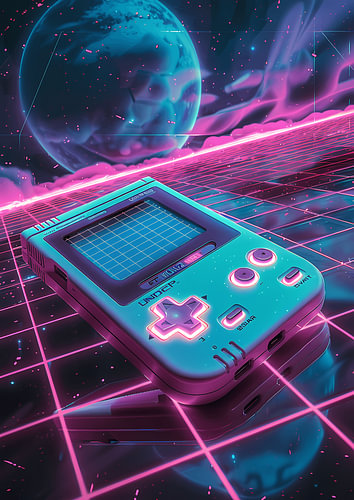 Turquoise retro handheld-console in synthwave-stijl – 80er- & - en 90er-neon-gamingkunst met planeet