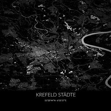 Carte en noir et blanc de Krefeld Städte, Rhénanie du Nord-Westphalie, Allemagne. sur Rezona