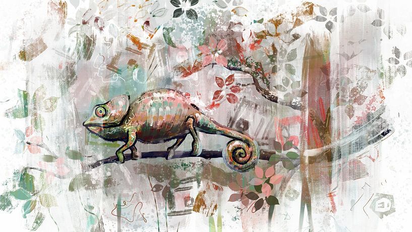 Abstact colorful artwork of chameleon on a branch by Emiel de Lange