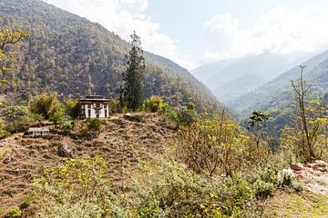 Bauernhaus im lokalen Stil in den Bergen in Bhutan, Asien von WorldWidePhotoWeb