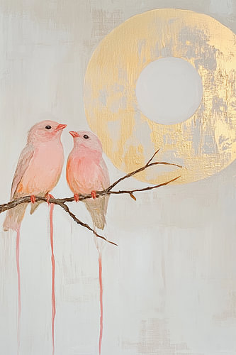 Pink Birdie Love at Gold - modern kunstwerk van 2 roze vogeltjes op een tak voor de gouden zon