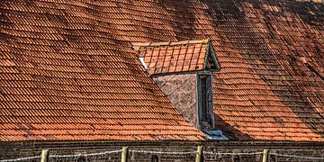 Toit orange d'une ancienne ferme dans le nord de la France