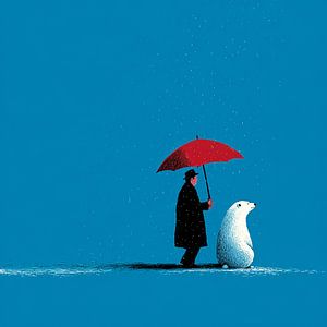Der Mann mit dem roten Regenschirm und sein Eisbär