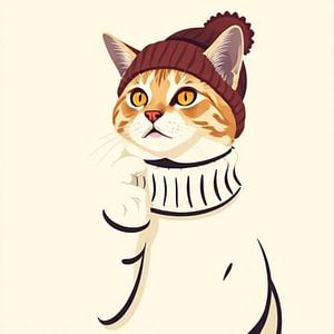 Eine rote Katze mit Pullover und Hut in Linienzeichnung.
