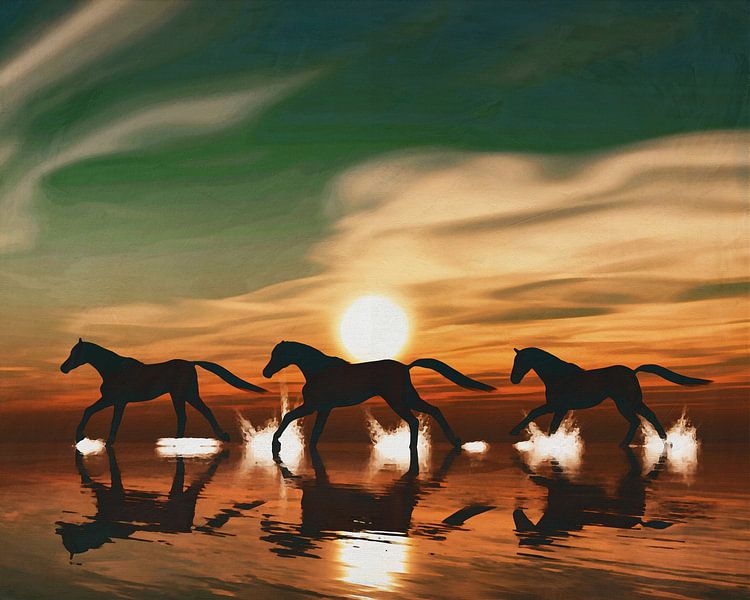 Paard bij zonsondergang galopperend in de zee van Jan Keteleer