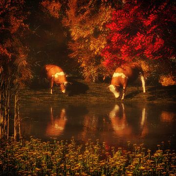 Règne animal –  Boire des vaches dans la forêt