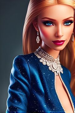 Mooie blonde modepop in blauwe jurk - AI-kunstportret van Christine aka stine1