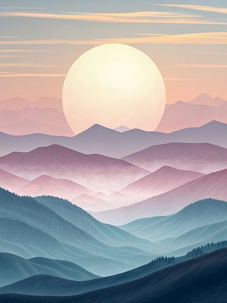 Une pleine lune lumineuse s'élevant au-dessus de couches de montagnes éthérées dans des teintes pastel par Artistic