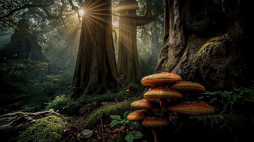 Oud Bos met zonlicht door de bomen. van Brian Morgan