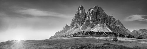 Alpenpanorama op een bergweide in de Dolomieten. Zwart-wit foto.