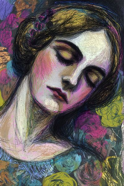 Frau Porträt mit Blumen | Frau Blumen von Abstraktes Gemälde