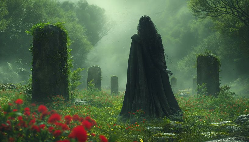 Mystical druidess in a Germanic flower mist by artefacti