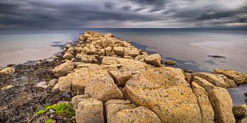 Rocky coastal scene under grey sky