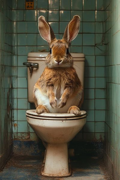 Humorvolles Kaninchen in Retro-Badezimmer-Toilette von Eva Lee