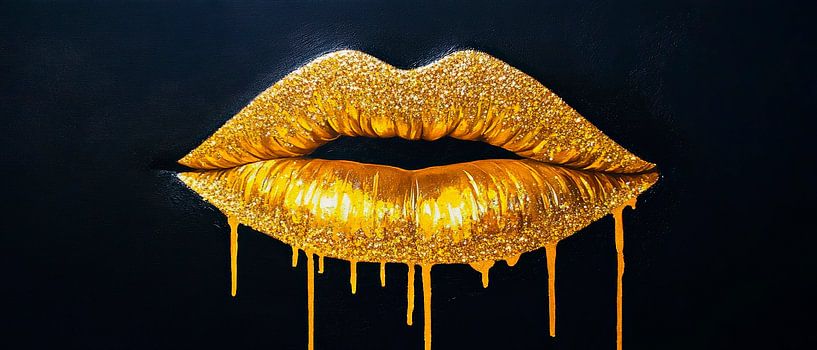 Shiny golden lips with drops by Poster Art Shop
