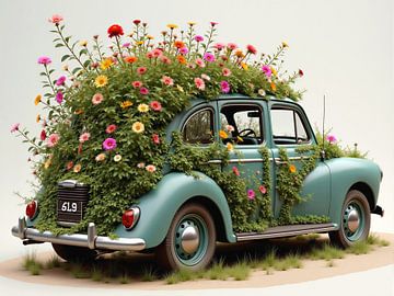 Classic car covered in flowers and plants symbolizing nature tak by Markus Gann