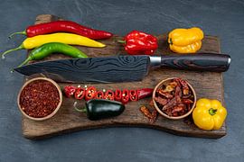 Scharfe Gewürze mit Damastmesser auf Schneidebrett von Photo Art Thomas Klee