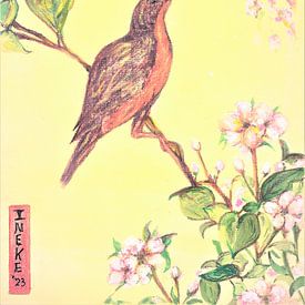 Japanse kunst/ Vogel met kersenbloesem ( 1) van Ineke de Rijk