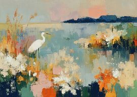 Witte reiger in een kleurrijk moeraslandschap van Niklas Maximilian