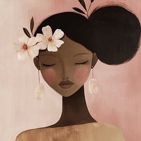 Portrait of a woman with flowers in soft pink and earth tones by Studio Allee
