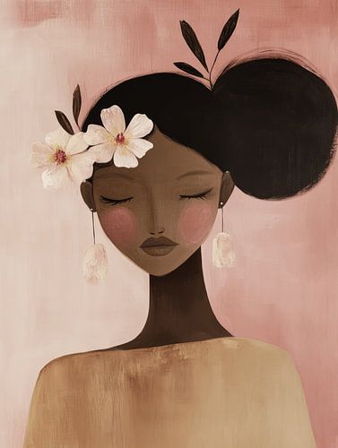 Vrouwenportret met bloemen in zachte roze en aardetinten van Studio Allee