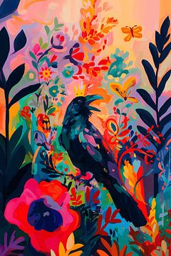 Black raven in a colourful forest of flowers by NJ Midnight Studio
