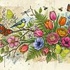 Printemps botanique : Panorama avec fleurs printanières et oiseaux sur Studio Pieternel