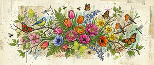 Printemps botanique : Panorama avec fleurs printanières et oiseaux