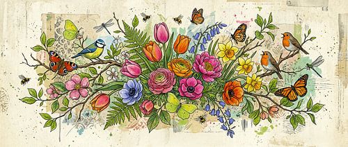 Printemps botanique : Panorama avec fleurs printanières et oiseaux