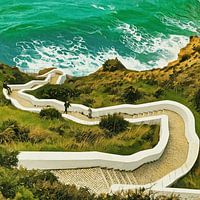 Scenic Cliffside Pathway in Algarve, Portugal, Kustzicht met Zig-Zag Trappen