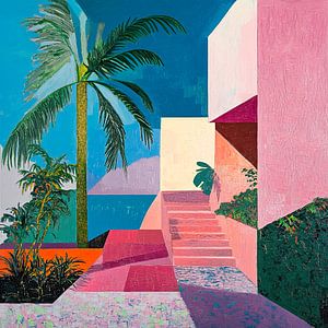 Abstraktes Haus am Meer mit Palme und hellen Farben