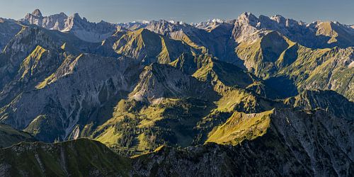 Zonsopgang op de Nebelhorn, 2224m, bergpanorama naar het zuiden in de richting van de Allgäuer Alpen