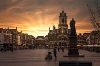 Sunset on the central square and the city hall of Delft
