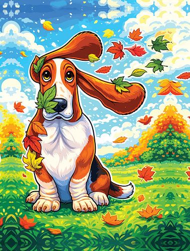 Vrolijke Basset Hound in popartstijl met herfstbladeren