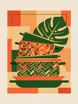 Kitchen art: Stacked pans with graphic patterns and a monstera leaf by STUDIO ARTSY