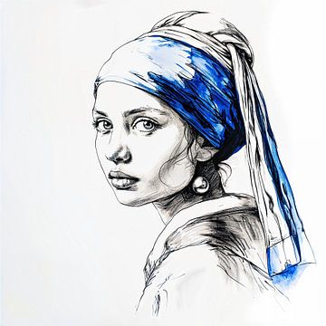 Fille avec une boucle d'oreille en perle dessin sur Vlindertuin-Art
