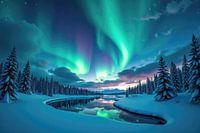 Aurora borealis verlicht besneeuwd landschap met bevroren meer en
