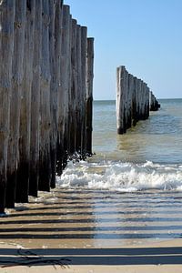 Strand mit Brandung und Pfählen im Meer