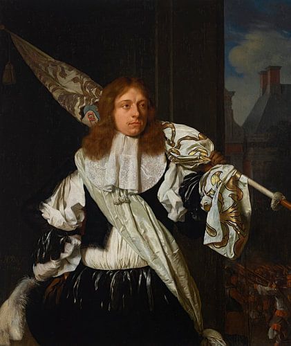 Portret van een vaandeldrager van de Leidse schutterij, Ary de Vois