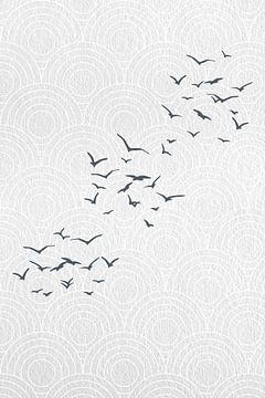 Japandi. Abstract landschap in grijs met vogels op Japans bullseye patroon van Dina Dankers