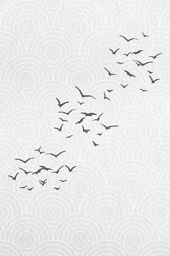 Japandi. Paysage abstrait en gris avec des oiseaux sur un motif japonais en forme d'œil de bœuf