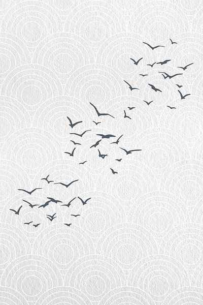 Japandi. Abstract landschap in grijs met vogels op Japans bullseye patroon van Dina Dankers