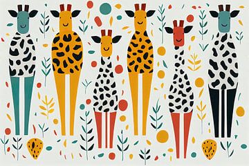 Kleurrijk patroon met Giraffen in de stijl van Marimekko van Whale & Sons.